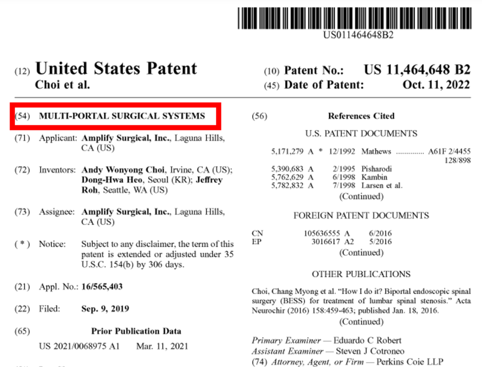 앰플리파이 서지컬이 등재한 듀얼포털 수술법에 대한 특허 / 사진=구글 특허 캡처