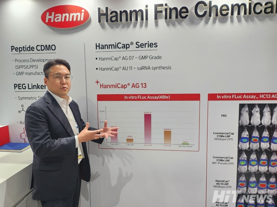 Sung-Jun Park, Head of Business Development at 바카라 확률 Fine Chemical, explaining the 'HanmiCap' technology.