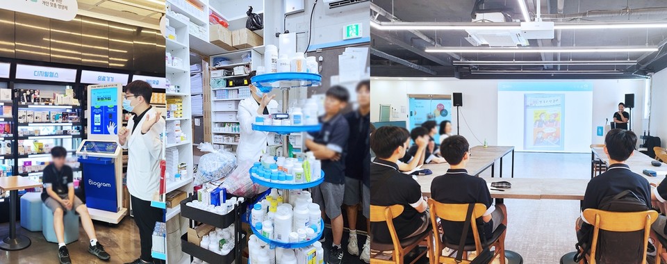 (오른쪽)김병주 참약사 대표가 본사에 방문한 학생들에게 약사의 역할과 미래를 설명하고 있다. (왼쪽)한승진 참약사약국 약국장이 약료서비스 현장의 모습을 설명하고 있다. / 사진=참약사