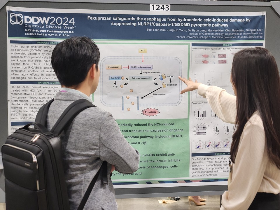 DDW2024 참가자들이 위산 노출로 인한 식도에서의 항염 효과 관련 기초연구 포스터를 보고 있다. / 사진=대웅바카라