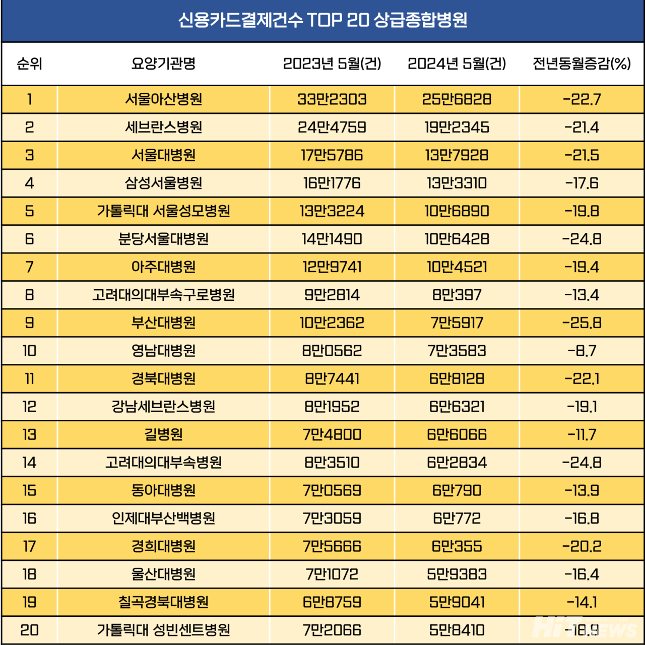 2024년 5월 기준, 상급종합무료 슬롯사이트 신용카드결제건수 상위 20개 기관 / 출처 = 비저너리데이터 'Analyzer'