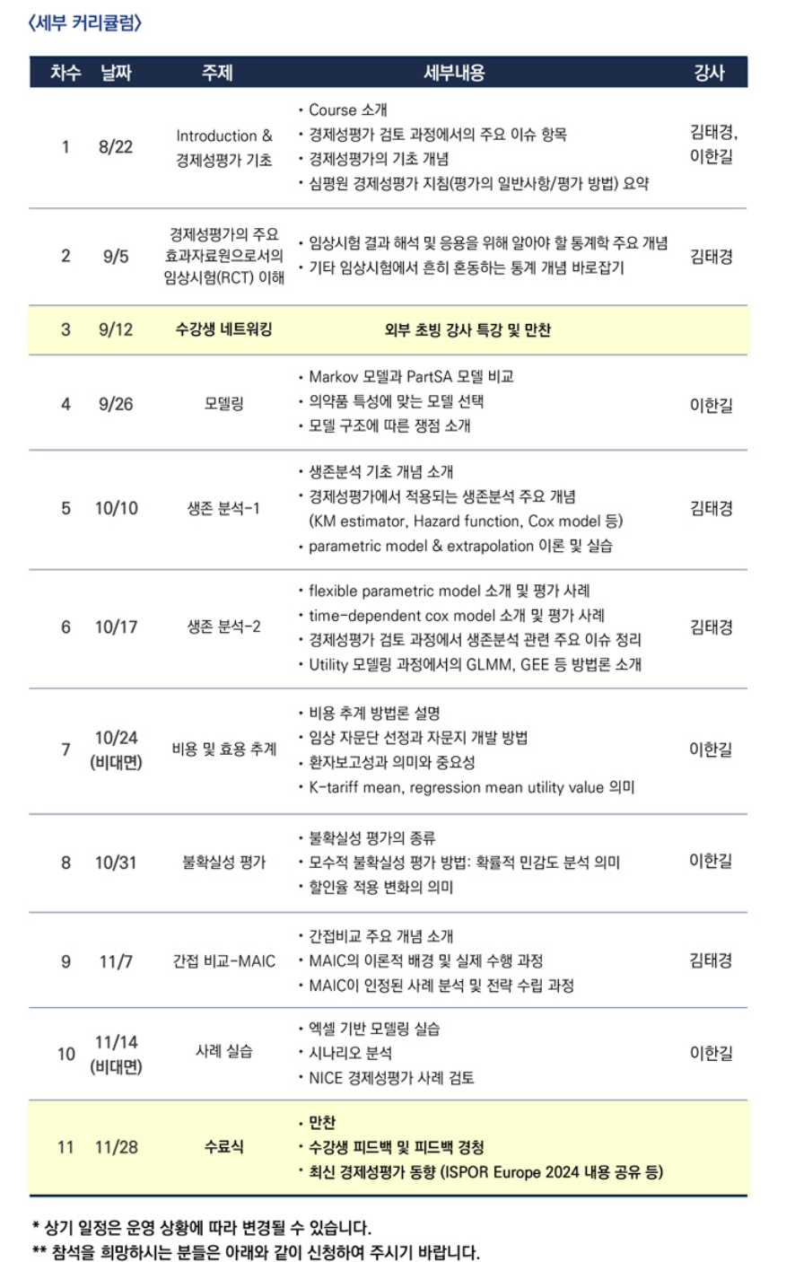 경제성평가와 임상 통계 방법론을 활용한 신약 급여 전략 마스터 클래스 세부 커리큘럼 / 사진=화우