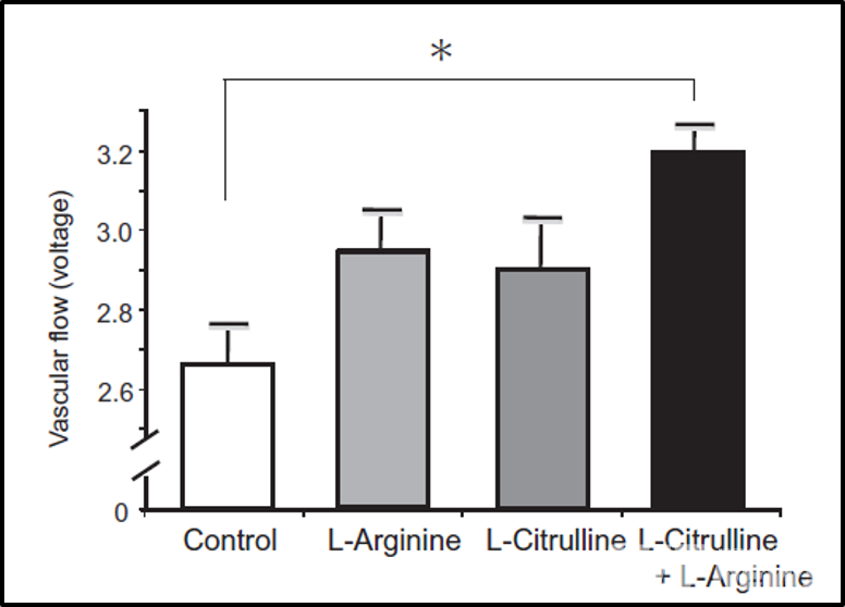 슬롯 사이트+아르기닌 병용군은 단독군 대비 혈류량이 개선됐다. / 참조=Oral supplementation with a combination of L-citrulline and L-arginine rapidly increases plasma L-arginine concentration and enhances NO bioavatility, Masahiko Morita