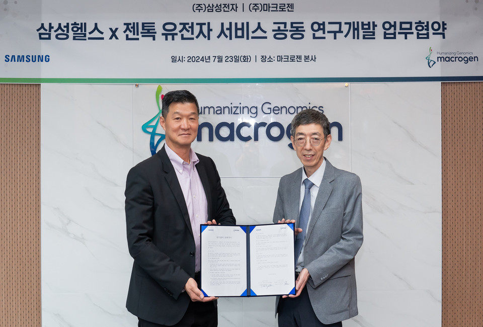 슬롯사이트 2025년과 삼성전자가 서비스 공동 연구개발 업무협약을 체결했다. 박헌수 삼성전자 MX 사업부 디지털헬스 팀장(왼쪽)과 김창훈 슬롯사이트 2025년 대표 / 사진=슬롯사이트 2025년