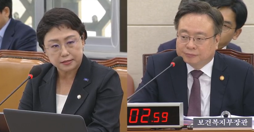 조국혁신당 김선민 의원(왼쪽)은 20일 제417회 국회(임시회) 제2차 보건복지위원회에서 복지부 조규홍 장관에게 먹는 코로나19 치료제 공급 및 약값 완화 대책을 집중 질의했다.  / 사진=국회 영상회의록시스템