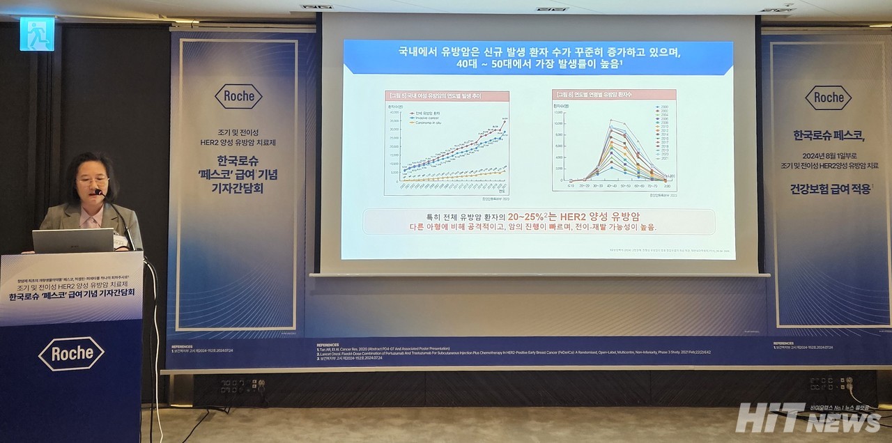 임석아 서울대병원 혈액종양내과 교수가 21일 개최된 페스코 급여 기념 기자간담회에서 발표하고 있다. / 사진=황재선 기자 