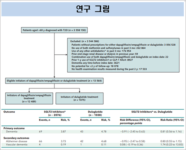 제2형 당뇨병환자에서의 SGLT2 저해제와 둘라글루타이드간 치매 위험 비교 결과 표