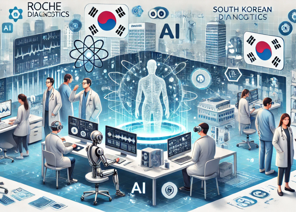 로슈진단과 국내 의료 인공지능(AI) 기업들이 협업하고 있는 모습을 표현한 이미지 / ​​출처=챗GPT