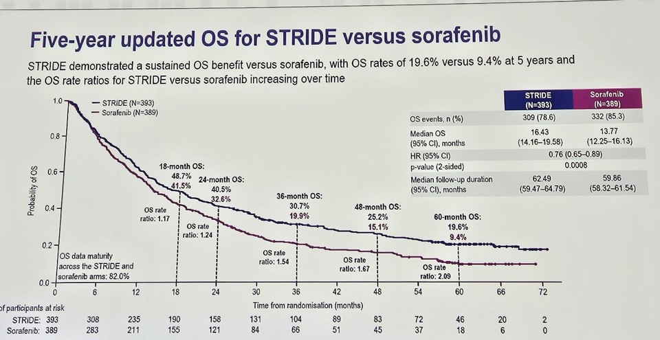 (사진설명: 5년 중앙 추적 관찰 결과, STRIDE 카지노 사이트은 소라페닙 대비 사망 위험을 24% 감소시켰다.)