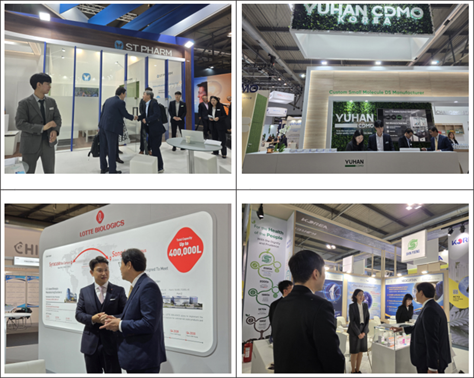노연홍 회장은 CPHI Milan 2024 한국 기업 부스 80곳을 방문했다. 왼쪽 위부터 시계 방향으로 동아에스티/에스티팜, 유한양행, 신풍제약, 롯데바이오로직스 부스. 사진=한국제약바이오협회/