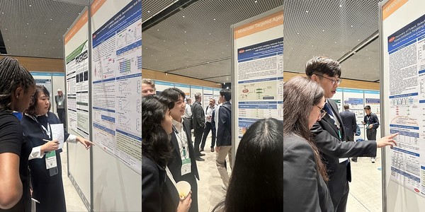 (왼쪽부터) 한미약품 R&D센터 곽은주 연구원, 박원기 연구원, 유형석 연구원이 국제 암 학술대회 ‘EORTC-NCI-AACR 2024’에서 차세대 항암 신약의 연구 결과 3건이 담긴 포스터 내용을 설명하고 있다. 사진제공=한미약품.