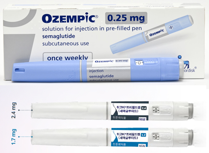 세카글루티드 성분 GLP-1 수용체 작용제 오젬픽(위)과 위고비