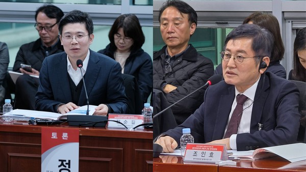 정순길 보건복지부 재생의료정책과장(왼쪽)와 조인호 범부처재생의료기술개발사업단장이 토론석에 나란히 앉아 첨단재생의료 발전을 위한 공공부문의 노력을 강조하는 모습