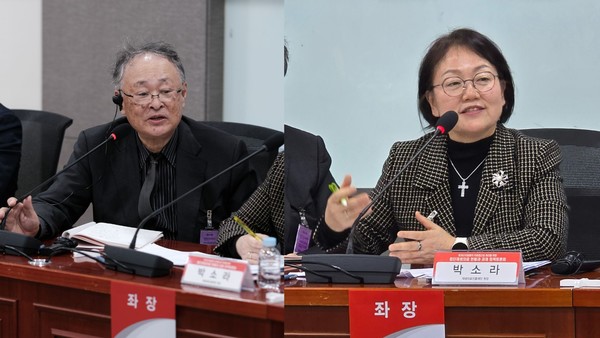 쿠니사다 타카히로 일본 기후대학 교수(왼쪽)과 패널토론을 주재한 박소라 재생의료진흥재단 원장이 첨단재생의료 발전을 위한 전문가 토론 및 청중 질의에 답하고 있다.