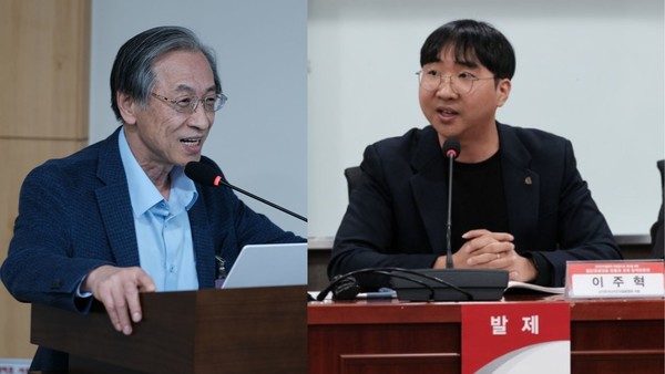 송해룡 대찬병원 병원장(왼쪽)과 이주혁 소아희귀난치안과질환협회 대표는 의사와 환자의 눈으로 보고 체험한 첨단재생의료의 현실을 생생하게 발표했다.