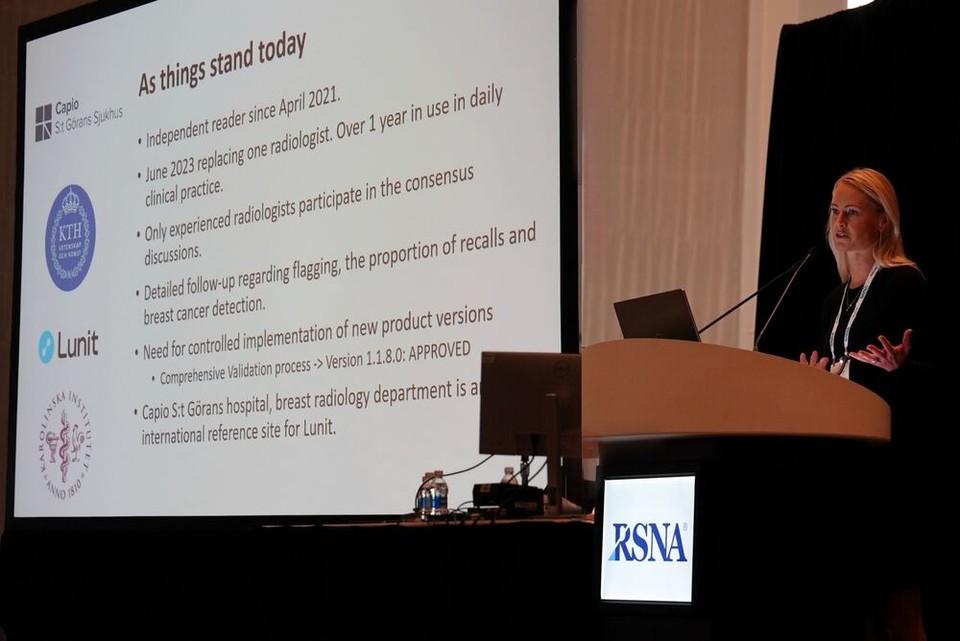 루닛 인사이트 임상결과를 발표하는 세인트괴란 병원 카린 뎀브로워 박사 / 사진 = 루닛제공