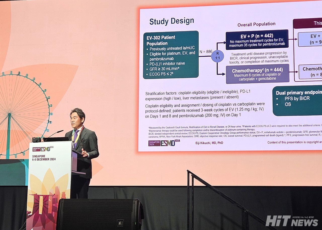 지난 7일(현지시간) 유럽종양학회 아시아 연례학술대회(ESMO ASIA 2024)에볼루션 바카라 무료 에이지 키쿠치(Eiji Kikuch) 일본 세인트 마리아나 의대 비뇨기과 교수가 EV-302/KEYNOTE-A39 연구의 아시아인 환자 대상 하위 분석 결과를 발표하고 있다. / 사진=황재선 기자