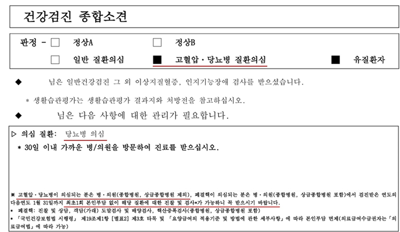 당뇨병 의심바카라 사이트의 국가건강검진 결과지