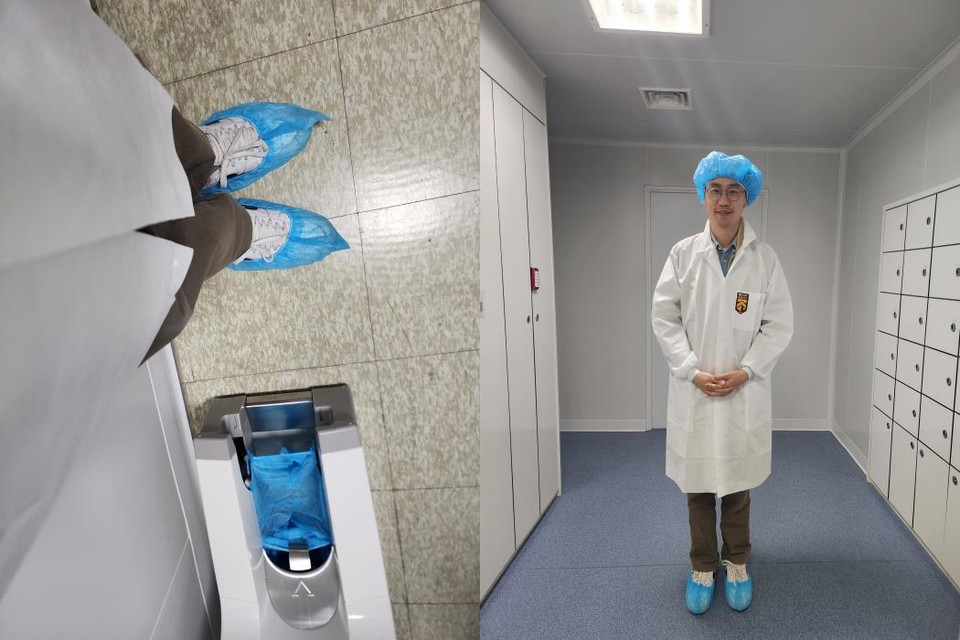 Changing into cleanroom attire before entering the controlled zone. Left: changing procedure. Right: reporter Sunjae Choi after changing.