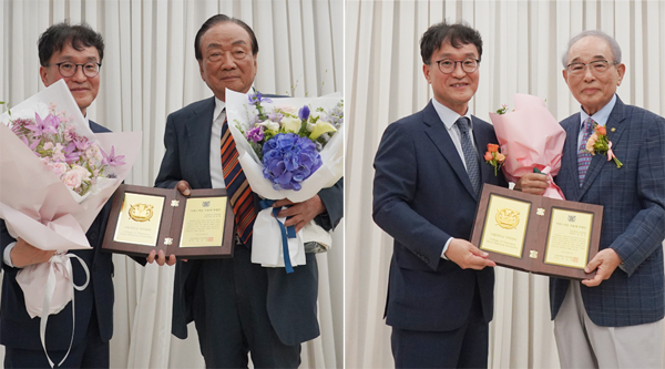 강건욱 학장이 최윤환 진약제약 회장과 문창규 명예교수에게 자랑스러운 서울대 약대인상을 수여하고 있다.왼쪽부터 강건욱 학장, 최윤환 회장, 강건욱 학장, 문창규 명예교수. /사진=이주연 서울대 교수.