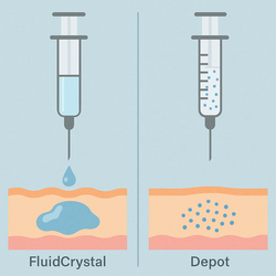 Differences in Drug Release Mechanisms between Camurus's FluidCrystal (left) and Peptron's SmartDepot (right) / Image generated by ChatGPT