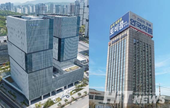 안국약품 과천 신사옥(왼쪽)과 서울 대림동 구사옥.