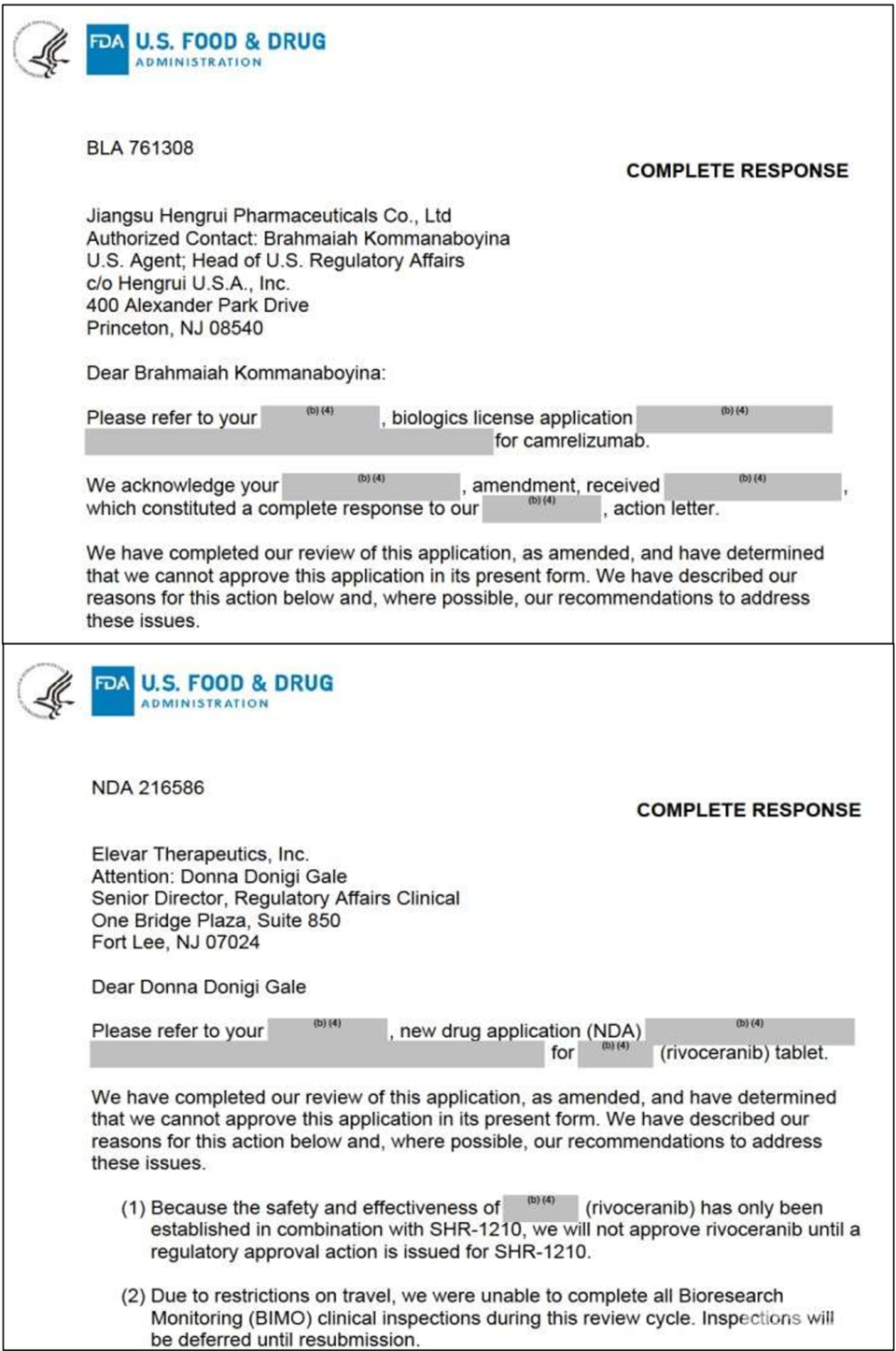 The U.S. FDA disclosed the CRL issued on March 20 to HLB’s U.S. subsidiary Elevar Therapeutics (top) and Hengrui (bottom). / Source = FDA website
