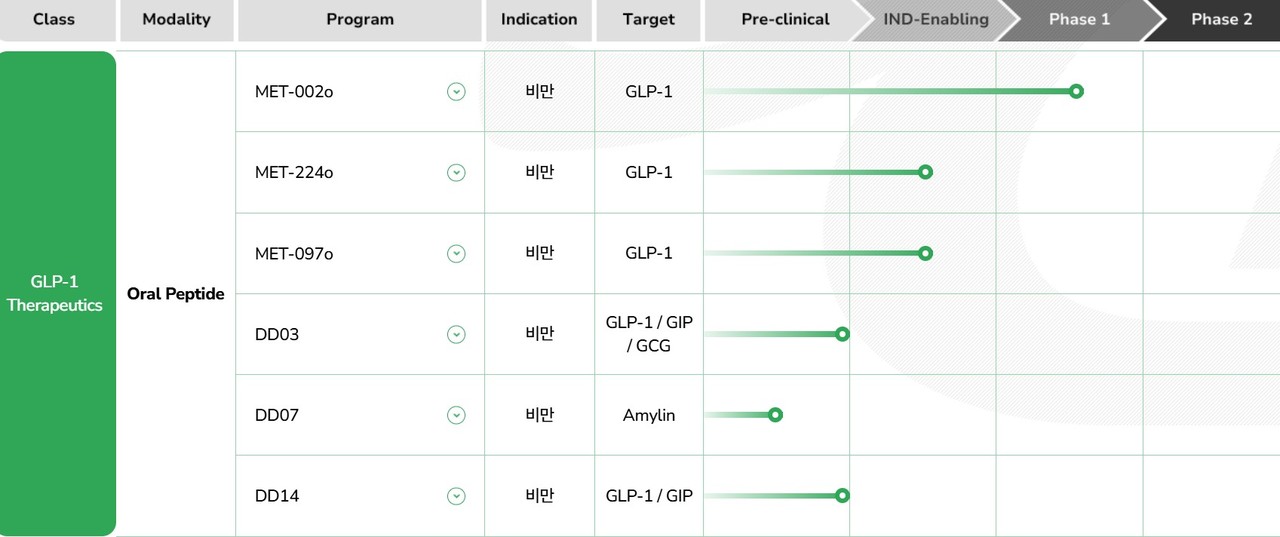 디앤디파마텍의 GIP-1 계열 파이프라인 / 출처=디앤디파마텍 웹사이트
