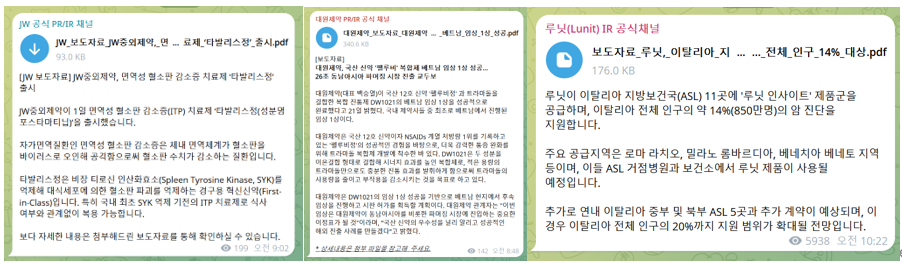 JW, 대원제약, 루닛은 PR/IR 공식 채널에 기업 보도자료 원문파일 및 요약 내용을 공유했다.