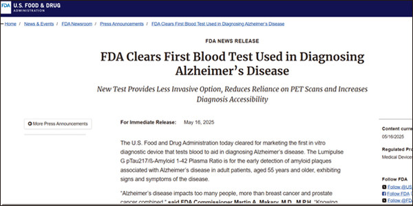 [그림 1: FDA는 AD 및 기타 인지 저하 원인에 대한 평가를 받는 환자의 아밀로이드 병리를 평가하기 위한 Fujirebio Diagnostics, Inc.의 Lumipulse® G pTau 217/β-아밀로이드 1-42 혈장 비율 체외 진단(In Vitro Diagnostics, IVD) 검사에 대한 510(k) 승인을 발표했다.]