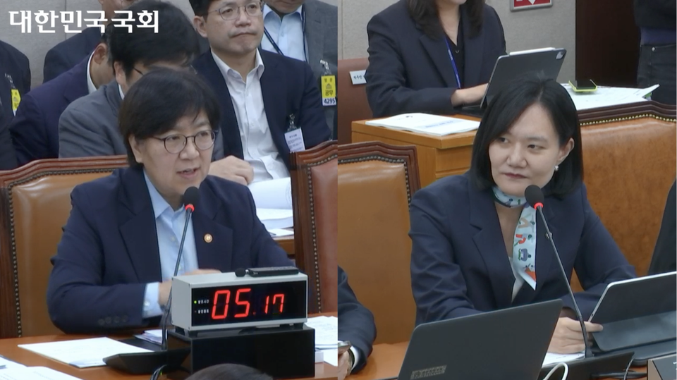 (왼쪽부터) 정은경 보건복지부 장관과 김남희 더불어민주당 의원이 질의응답하고 있다. / 출처=국회 인터넷의사중계시스템