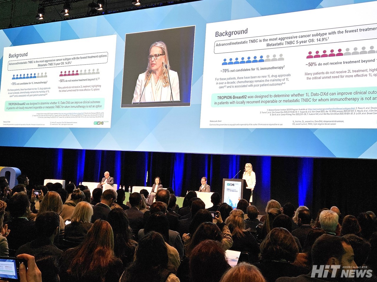 19일(현지 시각) 독일 베를린에서 개최되고 있는 유럽종양학회(ESMO)에서는 국소 재발성 수술 불가능 또는 전이성의 삼중음성유방암 환자에게 면역 요법을 시행할 수 없는 경우 연구자가 1차 치료제로 선택한 항암화학요법과 다트로웨이 간 안전성 및 유효성을 비교한 3상 ‘TROPION-Breast02’ 연구 결과가 발표됐다. / 사진=황재선 기자