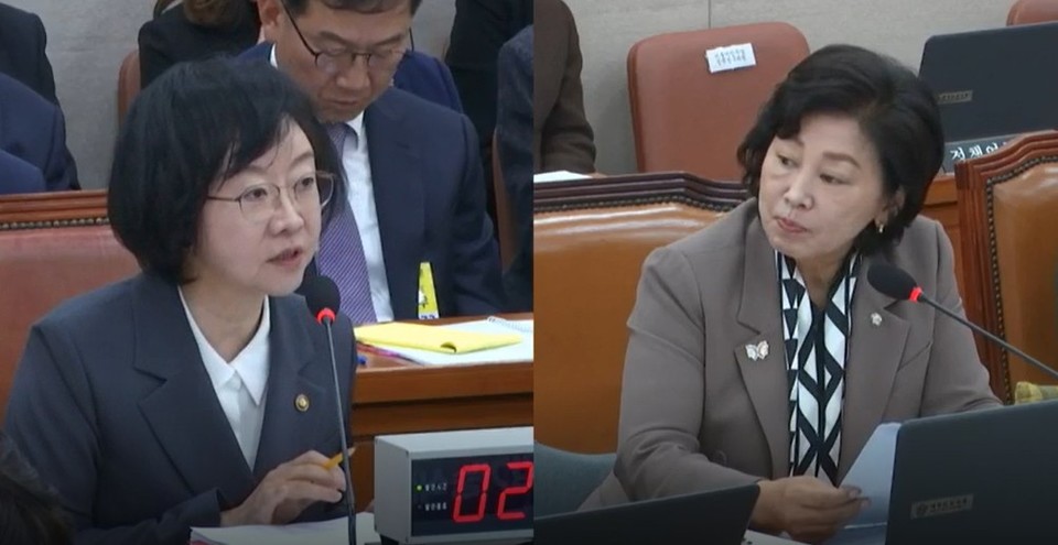 오유경 식약처장(왼쪽)이 21일 식약처 국정감사에서 더불어민주당 남인순 의원의 질의에 답하고 있다.