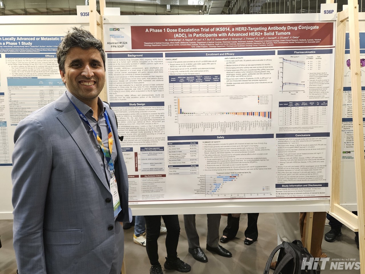 호주 멜버른 앨프리드 헬스(Alfred Health) 의료종양학과의 말라카 아메라퉁가(Malaka Ameratunga) 박사가 'A phase I dose escalation trial of IKS014, a HER2-targeting antibody drug conjugate (ADC), in participants with advanced HER2+ solid tumors'라는 제목의 포스터를 발표하고 있다. 해당 포스터는 익수가와 리가켐이 공동 개발중인 HER2 ADC 'IKS014'의 임상 데이터를 소개하고 있다. / 사진=황재선 기자 