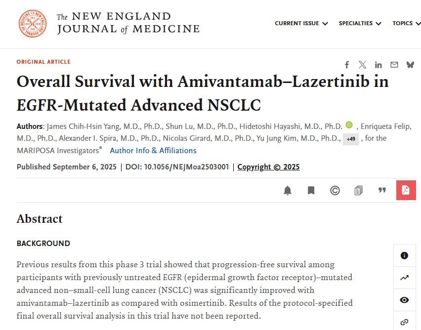 The MARIPOSA Phase III study on Rybrevant–Lazertinib was published in the New England Journal of Medicine (September 2025). / Source: NEJM