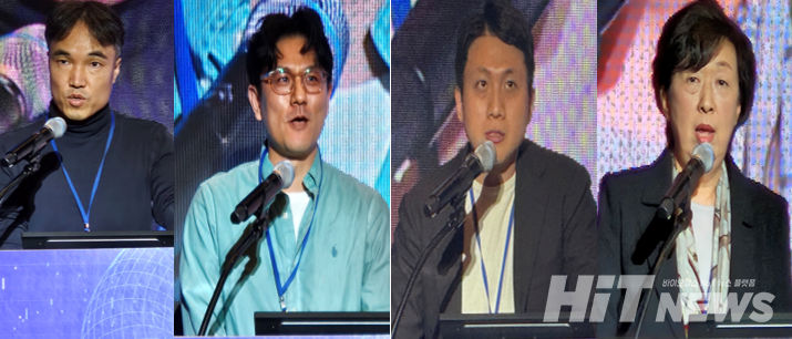 의료 AI 기업 대표들이 에자이 심포지엄에서 오픈 이노베이션 협업 진행 과정을 설명하고 있다.