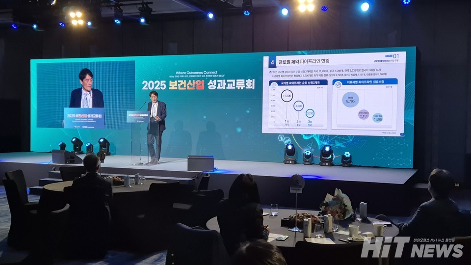 전환주 한국보건산업진흥원 제약바이오산업팀장이  27일 보건복지부와 함께 주최한 '2025 보건산업성과 교류회'에서 올해 제약바이오 육성·지원 성과를 공유하고 향후 정책 방향을 공유하고 있다. / 사진=김동우 기자