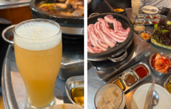 왼쪽부터 막걸리 맥주와 삽겹살 등 한국음식