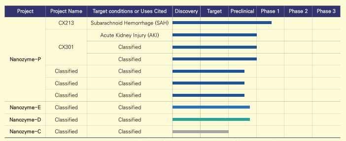 세닉스바이오테크는 하나의 물질로 다양한 적응증을 공략할 수 있는 나노자임 플랫폼을 지주막하출혈 치료제 후보물질 'CX213'과 뇌경색 치료제 후보물질 'CX301' 및 후속 파이프라인으로 확장하고 있다. / 자료=세닉스바이오테크