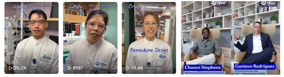 화이자가 업로드하는 직무 관련 콘텐츠 / 출처=(왼쪽부터) 틱톡 채널 'pfizer', 인스타그램 채널 'pfizercareers'