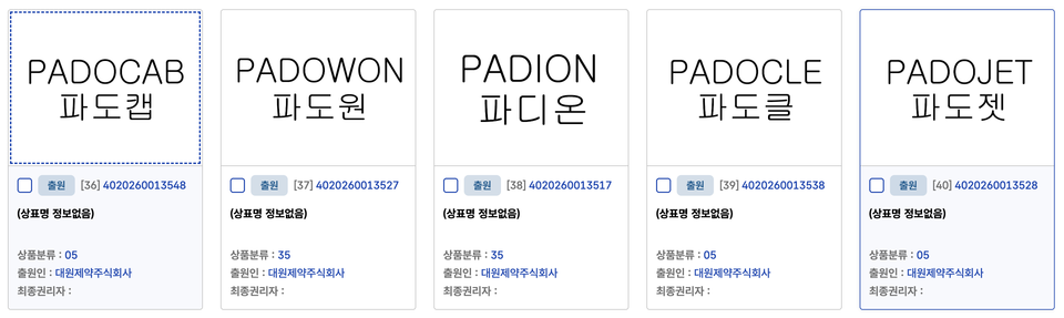 대원제약이 최근 등록한 '파도' 관련 상표권 현황 일부. 출처=KIPRIS.