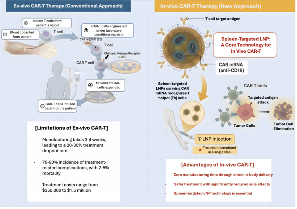 Concept illustration of Surginex’s LNP-based in vivo CAR-T therapy under development. / Source: Surginex, Translated by Reporter Sodam Park
