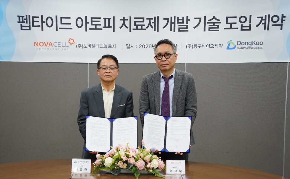펩타이드 아토피 치료제 개발 기술도입 계약 당시 사진. 동구바이오제약 신중현 사장, 노바셀테크놀로지 이태훈 대표 / 사진=동구바이오제약 제공