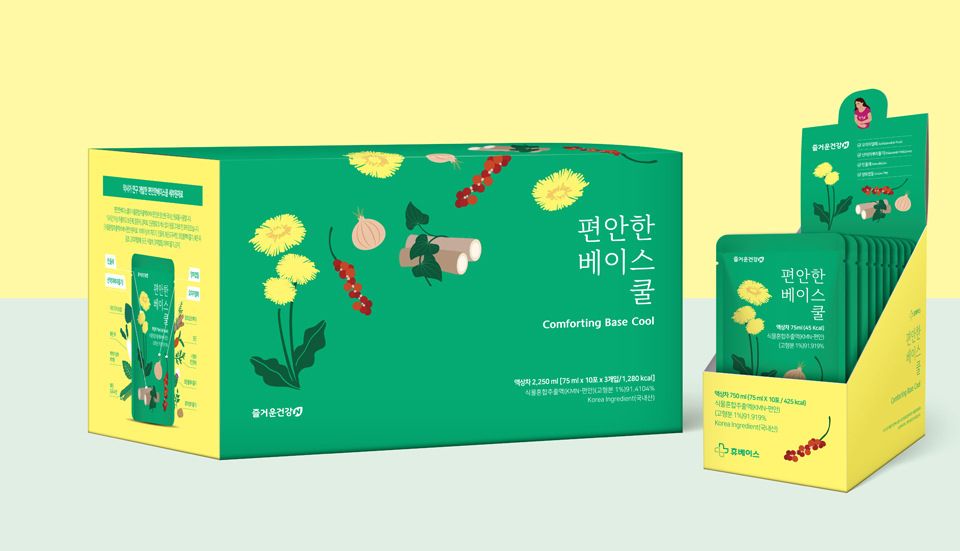 포장에 원물의 그림이 이채롭다. 민들레와 오미자, 마 뿌리와 줄기 등이 있다. 사진=휴베이스 제공.