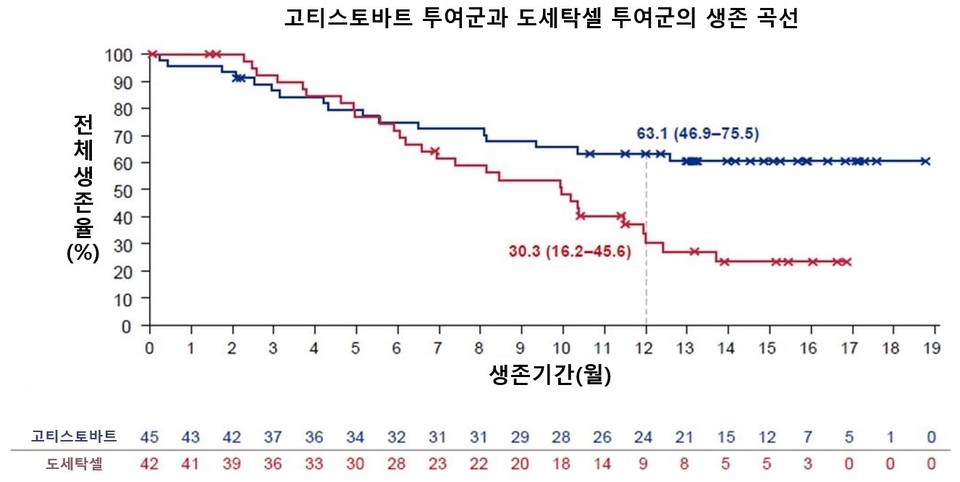 치료 시작 6개월 시점부터 생존 곡선이 벌어지며, 12개월 시점에서는 고티스토바트군이 도세탁셀군보다 두배 높은 생존율을 보이고 있다. / 사진=세브란스병원 제공