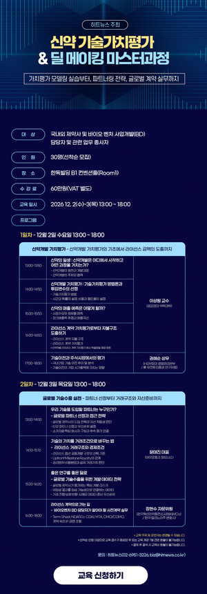 [교육]모델링부터 계약 실무까지...신약 기술가치평가·딜 메이킹 마스터... - 뉴스 썸네일 이미지